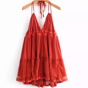 Red Swiss Dot Ruffle Halter Dress